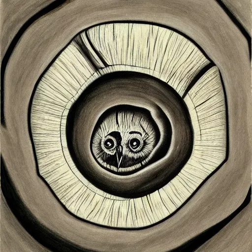 Prompt: surrealist drawing painting of a tree rings in the shape of an owl in the style of H. R. Giger