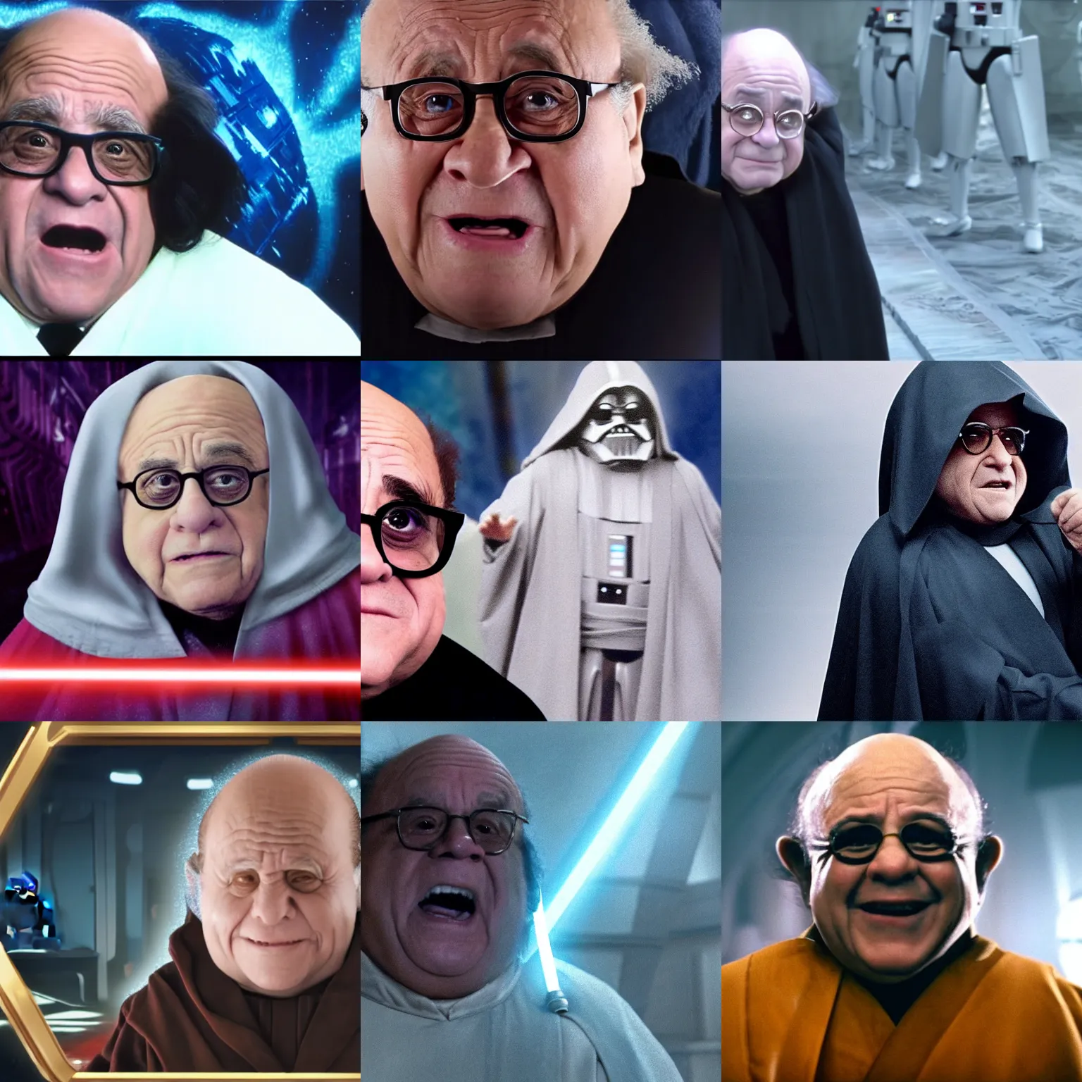 Prompt: a screenshot of danny devito as a very short emperor palpatine in a star wars parody. 8 k. very detailed