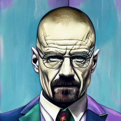 Image similar to walter white wearing the joker suit, dripping painting