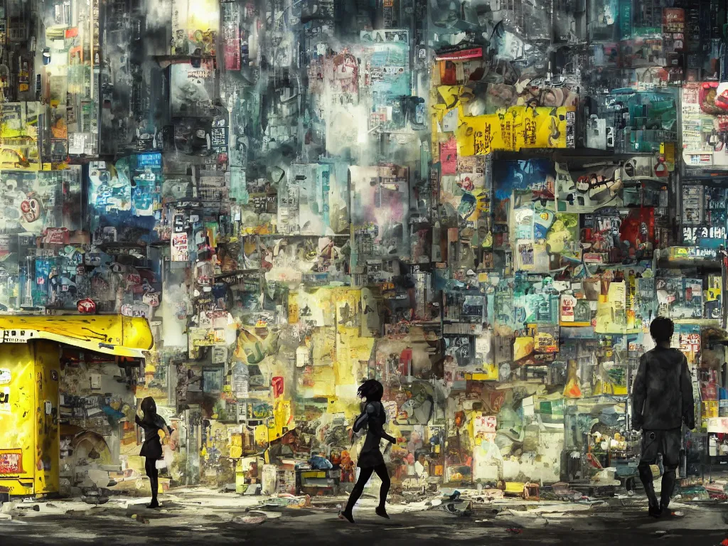 Image similar to incredible wide screenshot, ultrawide, simple watercolor, rough paper texture, ghost in the shell movie scene, backlit distant shot of girl in a parka running from a giant robot invasion side view, yellow parasol in deserted dusty shinjuku junk town, broken vending machines, bold graphic graffiti, old pawn shop, bright sun bleached ground, mud, fog, dust, windy, scary robot monster lurks in the background, ghost mask, teeth, animatronic, black smoke, pale beige sky, junk tv, texture, brown mud, dust, tangled overhead wires, telephone pole, dusty, dry, pencil marks, genius party,shinjuku, koji morimoto, katsuya terada, masamune shirow, tatsuyuki tanaka hd, 4k, remaster, dynamic camera angle, deep 3 point perspective, fish eye, dynamic scene