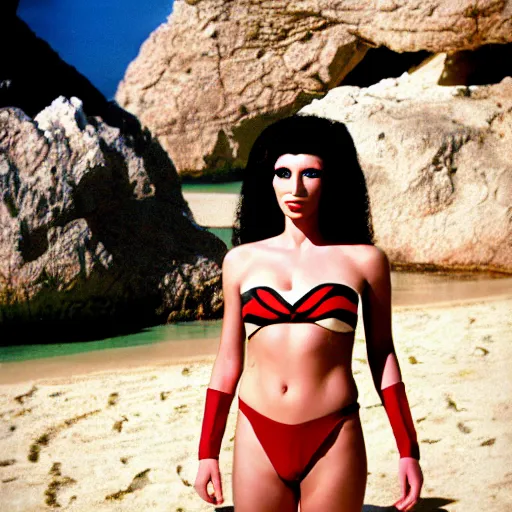 Prompt: a portrait of an sttng star trek klingon woman on holiday at risa, swimsuit, supermodel, model, star trek, photography, instagram, holiday, beach, the next generation, sttng, high quality, sharp, cait miers, michael hoppen, qapla