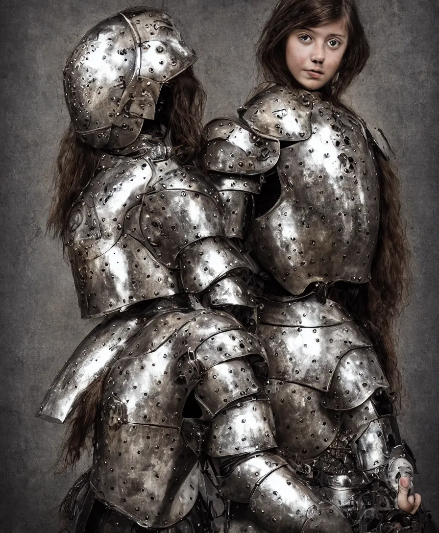 Image similar to portrait of a beautiful young girl wearing an alexander mcqueen armor made of iron steel armour , artistic illustration realistic photo