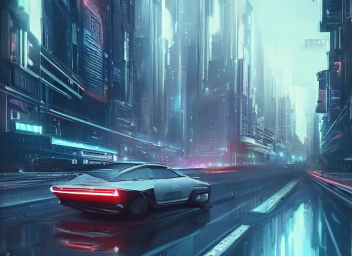 Image similar to a car driving down a street next to tall buildings, cyberpunk art by Vincent Lefevre, cgsociety, retrofuturism, matte painting, reimagined by industrial light and magic