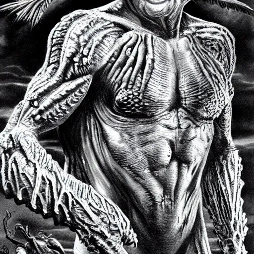 Prompt: highly detailed picture of gill - man from creature of the black lagoon, hyper realistic, sci - fi horror art, mega detailed, highly detailed