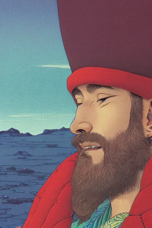 Image similar to a colorful closeup portrait of a young bald man with a very long wild beard dreaming psychedelic hallucinations in the vast icy landscape of antarctica, by kawase hasui, moebius and edward hopper, colorful flat surreal design, hd, 8 k, artstation