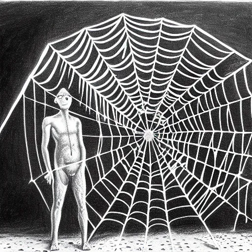 Image similar to a drawing of two people standing in front of a spider web, a surrealist painting by david wojnarowicz, behance contest winner, psychedelic art, chalk art, dystopian art, academic art