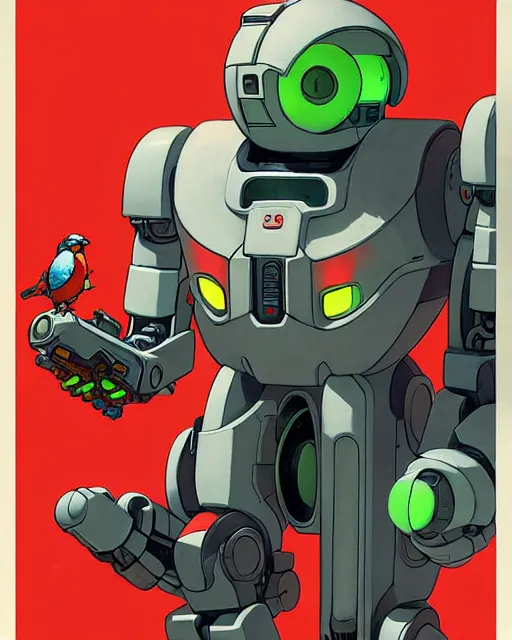 Image similar to bastion the friendly robot from overwatch, with his pet bird, character portrait, portrait, close up, concept art, intricate details, highly detailed, vintage sci - fi poster, retro future, in the style of chris foss, rodger dean, moebius, michael whelan, katsuhiro otomo, and gustave dore