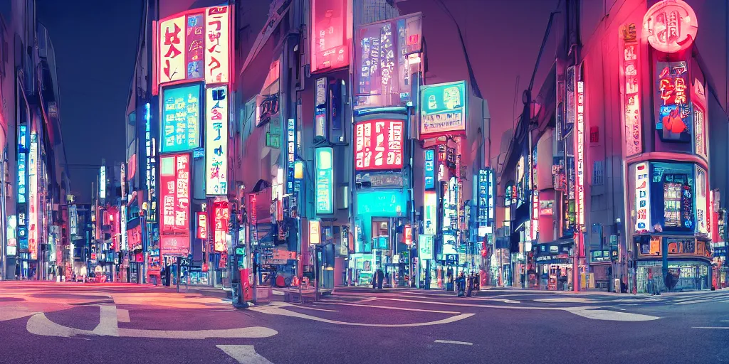 Prompt: HDRI panorama, Tokyo at night, neon lights, street signs, street lights, traffic lights, featured on artstation