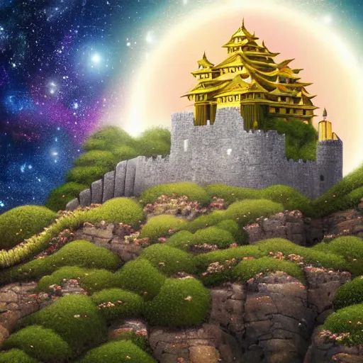 Image similar to stone castle with golden bell ontop of a mountain, space sky, anime illustration,