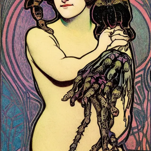 Prompt: a girl with a spider, colored woodcut, flat pastel colors, by Mackintosh, by Alfons Mucha, art noveau, by Gustave Dorè