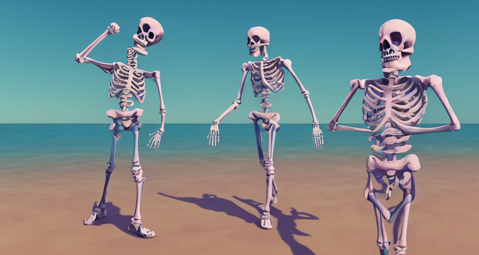 Image similar to fullbody vaporwave art of a fashionable skeleton at a beach, early 90s cg, 3d render, 80s outrun, low poly, from Hotline Miami