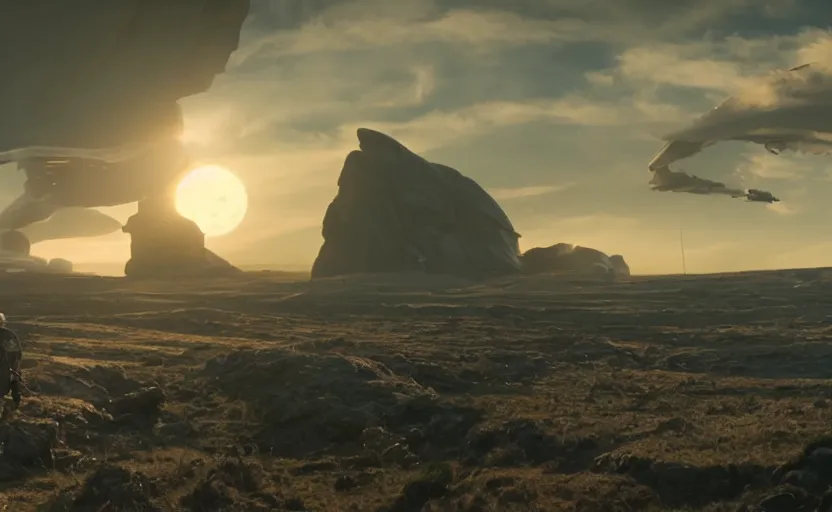 Image similar to landscape view of a war in a planet far from home, scene from a movie, sunflare, 21:9, cinematic