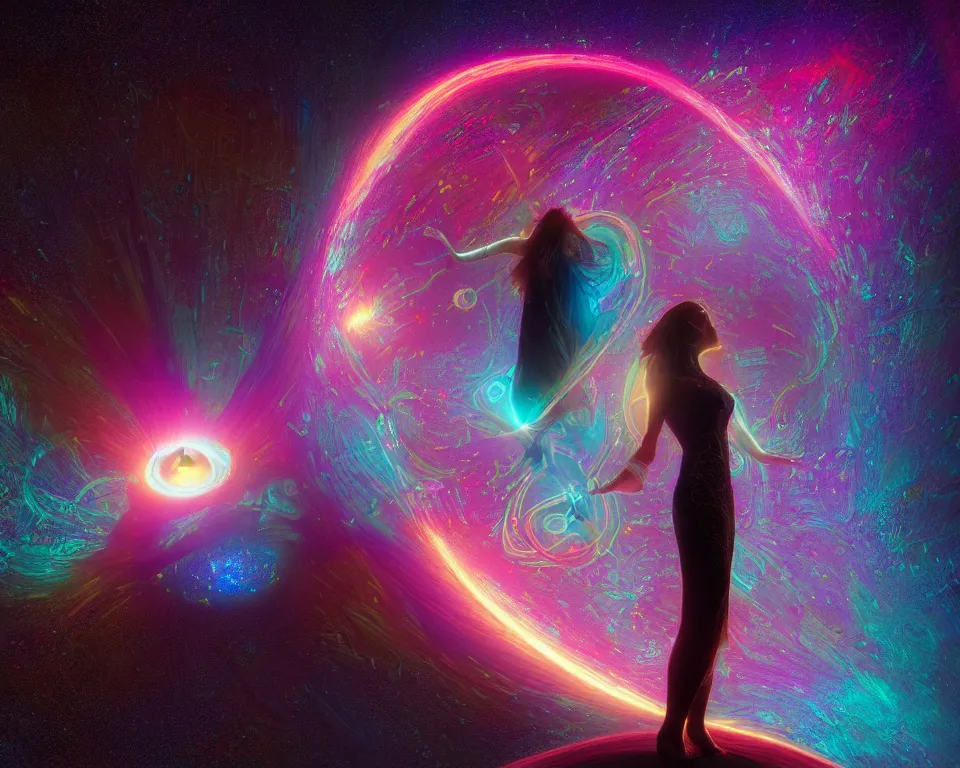 Image similar to a beautiful whimsical woman standing under a multi-colored binary blackhole with an accretion disc, casting magic, glowing trails following her arms, intricate repeating geometric patterns, fractals, by Ross Tran, by Greg Rutkowski, by artgerm, by beeple, by moebius, cinematic angle, volumetric lighting, 4k resolution, octane render, trending on artstation, masterpiece