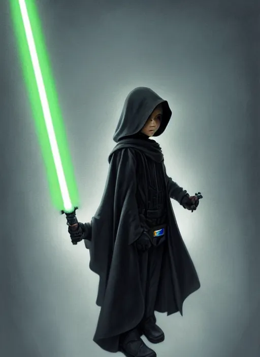 Image similar to perfectly - centered - portrait of a kid wearing black cloak holding light saber, intricate, highly detailed, digital painting, artstation, concept art, smooth, sharp focus, illustration, unreal engine 5, 8 k, art by artgerm and greg rutkowski and alphonse mucha