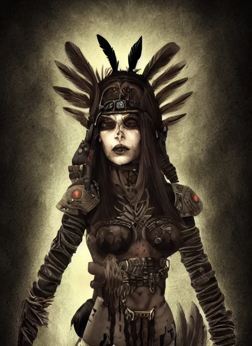 Prompt: digital art of a young woman in dark shamanistic ritual clothing accented by black feathers, post apocalyptic, dystopian, high resolution, highly detailed, fallout, raider, 4 k, artstation, dark lighting