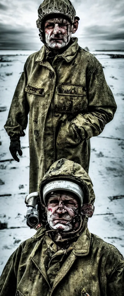 Image similar to an award winning portrait photo of chernobyl liquidator, postapocalyptic, 4 k, high quality, sharp focus