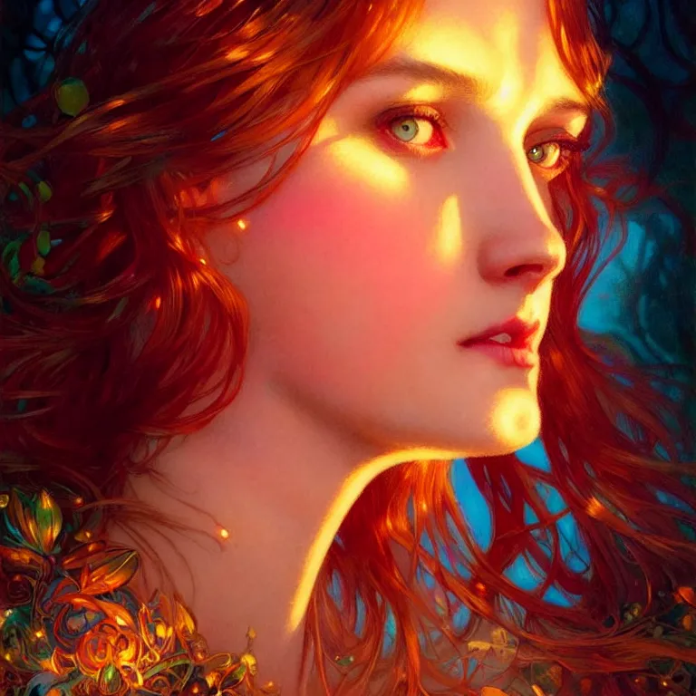 Prompt: bright asthetic portrait LSD glowing backlit, fantasy, intricate, elegant, dramatic lighting, highly detailed, lifelike, photorealistic, digital painting, artstation, beautiful woman, gorgeous face, illustration, concept art, smooth, sharp focus, art by John Collier and Albert Aublet and Krenz Cushart and Artem Demura and Alphonse Mucha