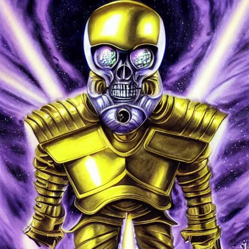 Image similar to high fantasy 1 9 8 0's wargame airbrushed artwork, a giant silver reflective chrome android wearing a mask shaped like an intricately carved beautiful human skull with glowing laser eyes, golden giant battle armor, inside a futuristic army base