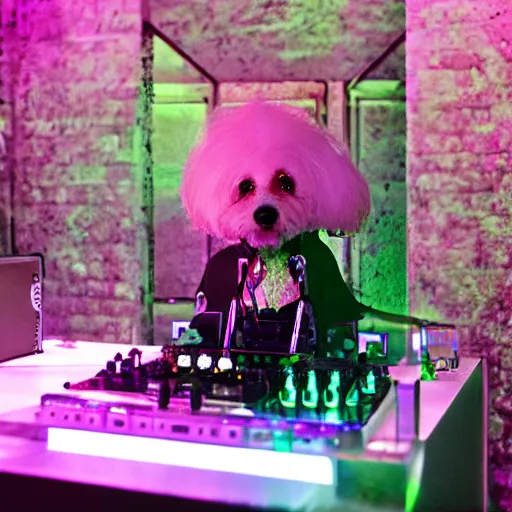 Prompt: a white cockapoo dj in a nightclub. by david lachapelle