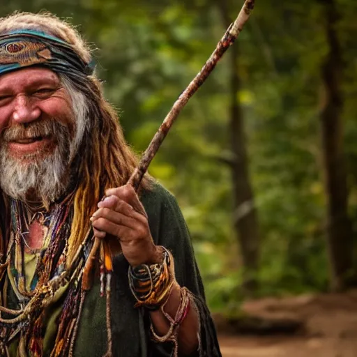 Image similar to hippie tribal hobo witch doctor wearing twigs and leaves smiling sheepishly, campfire, bong, water pipe, highly detailed, dramatic lighting, night time, cinematic, hyperrealistic, detailed, movie still from game of thrones