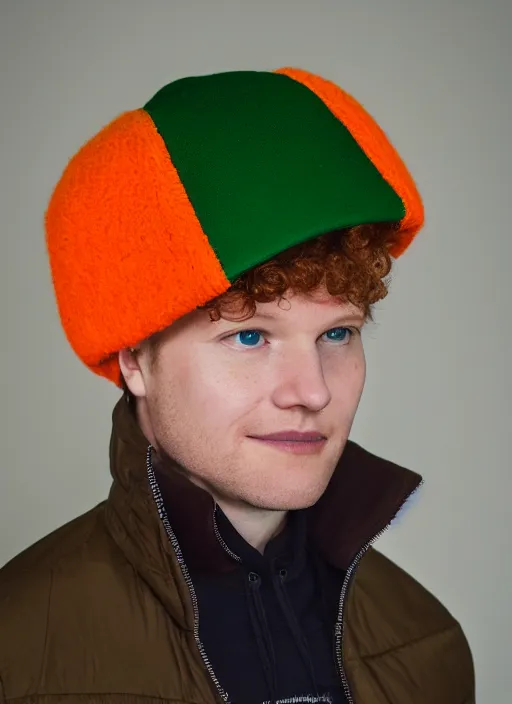 Image similar to portrait photo still of real life kyle broflovski wearing an orange jacket and green hat, 8 k, 8 5 mm, f. 1 4