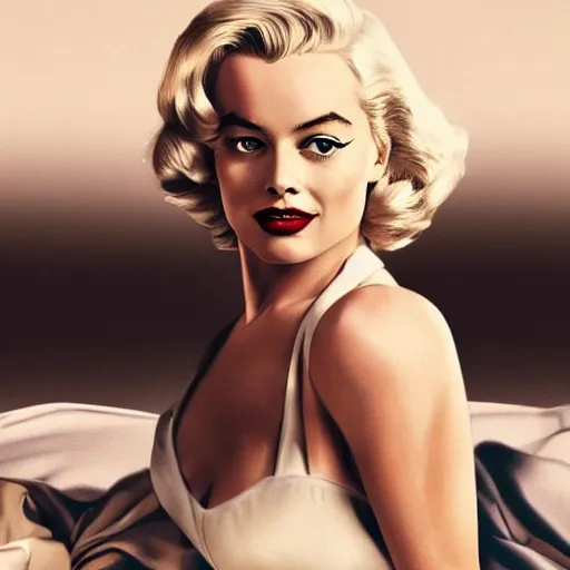 Image similar to Margot Robbie starring as Marilyn Monroe, movie poster, pinup girl