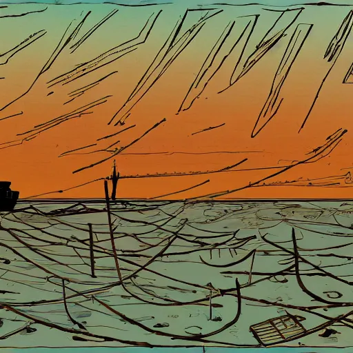 Prompt: an abandoned ship on the aral sea desert, in the style of daniel johnston and outsider art and baselitz, 8 k, line brush, muted, overlaid with cyrillic words