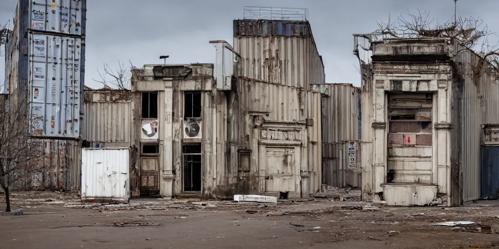 Prompt: an abandoned city hall with the door being covered by some maersk shipping containers