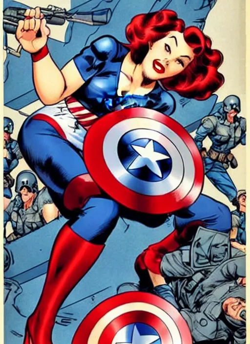 Image similar to sultry female captain america standing on a pile of defeated, beaten and broken ss soldiers. feminist captain america wins ww 2. american ww 2 propaganda poster by rob liefeld and pixar. gorgeous face. pin up. overwatch.