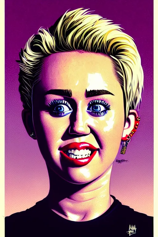 Image similar to a portrait of miley cyrus, drawn by robbie trevino and dan mumford, poster, digital art, comic art, concept art,, single head, no double head,