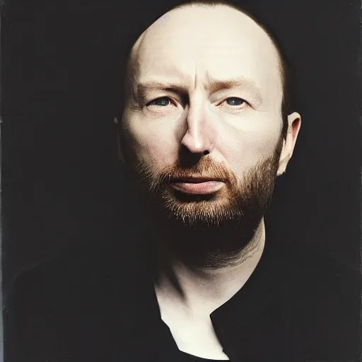 Image similar to Yorke Radiohead thom, with a beard and a black jacket, a portrait by John E. Berninger, dribble, neo-expressionism, uhd image, studio portrait, 1990s