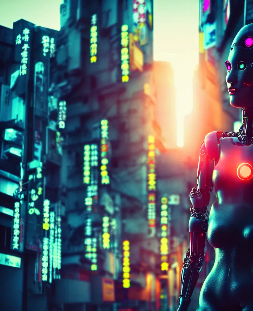 Image similar to a photo close up cyberpunk half robot half girl stands in a cyberpunk hiroshima, prefecture streets, sunset, photorealistic, cinematic lighting, very detailed, style by tomino - sama