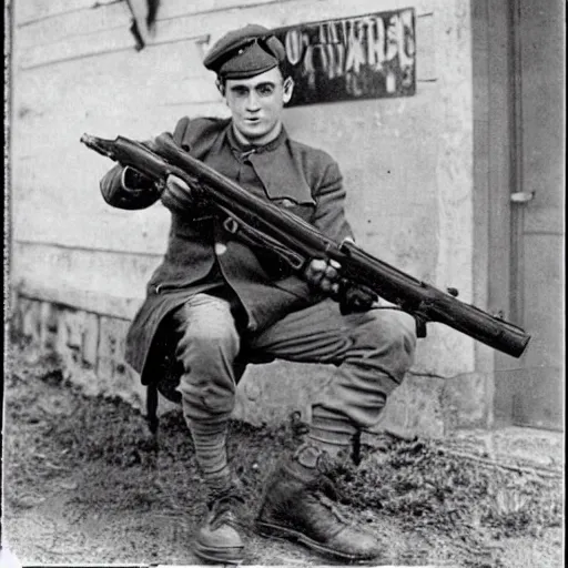 Image similar to old wartime photograph of harry potter holding a lewis gun, 1 9 1 7