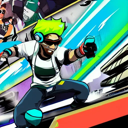 Image similar to woolie madden in jet se radio future, bomb rush cyberfunk, jet set radio sequel, cel - shading, unreal engine 5