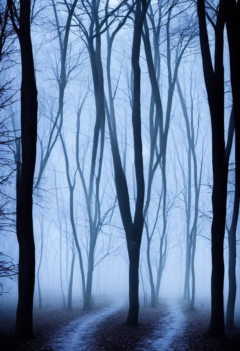 Prompt: eerie photo of a backlit path in the middle of a frozen winter morning spooky forest, treelined, fog, award winning photography, mystical, ultra high definition, ultra detailed,