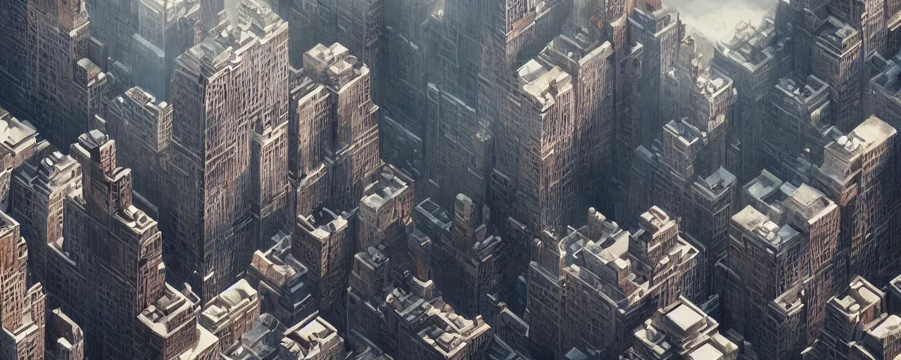 Image similar to new york city blocks. aerial. architecture. cinematic lighting. trending on artstation. cgsociety. art by greg rutkowski and william o'connor