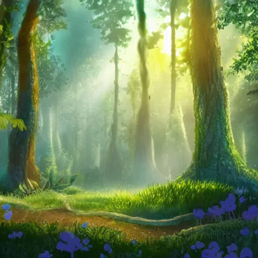 Prompt: a movie still frame, a wide shot of a dark enchanted forest with dappled lighting on the ground, tall large trees, muted color palette, lush foliage, disney feature animation artwork, pixar concept art,