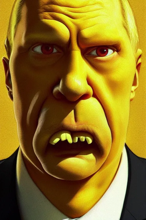 Image similar to vladimir putin as a yellow funny stupid homer simpson, realistic portrait, symmetrical, highly detailed, digital painting, artstation, concept art, smooth, sharp focus, illustration, cinematic lighting, art by artgerm and greg rutkowski and alphonse mucha