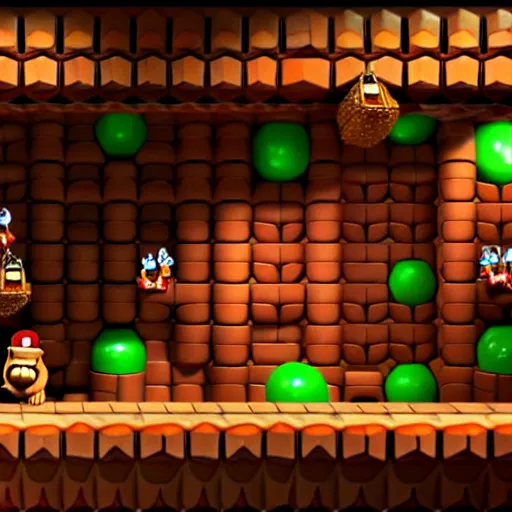 Prompt: Donkey Kong in a beautiful mine with shiny crystals on the wall and floating barrels. Unreal engine.