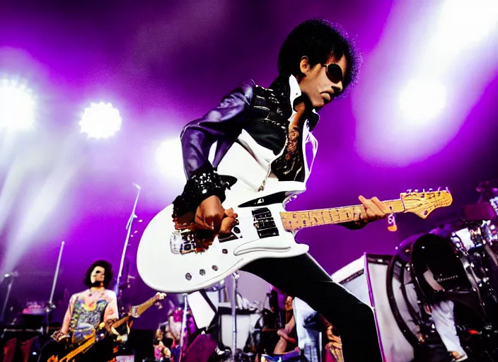 Prompt: photo still of prince from purple rain on stage at vans warped tour!!!!!!!! at age 3 3 years old 3 3 years of age!!!!!!!! throwing pancakes to the crowd, 8 k, 8 5 mm f 1. 8, studio lighting, rim light, right side key light