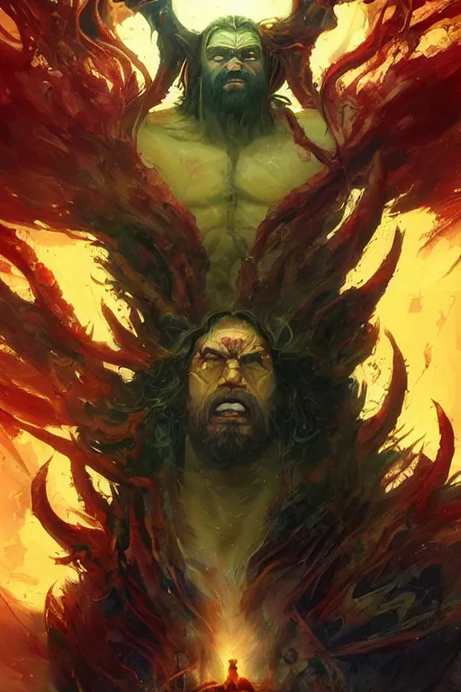 Image similar to clear portrait hulking herculean ogre jesus christ, model pose, bright color, sun shining through, sharp focus, highly detailed face, specular reflection, art by anato finnstark and lecouffe deharme and pete mohrbacher and quentin mabille and frank moth, fantasy illustrations, epic light novel cover art