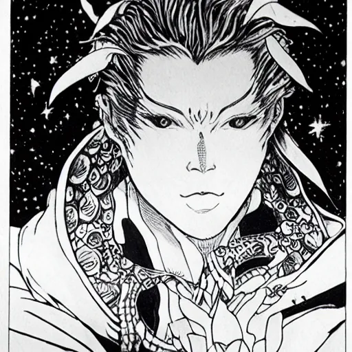 Prompt: black and white pen and ink!!!!!!! Yoshitaka Amano designed Guy Madison wearing cosmic space robes made of stars final form flowing royal hair golden!!!! Vagabond!!!!!!!! floating magic swordsman!!!! glides through a beautiful!!!!!!! Camellia!!!! Tsubaki!!! death-flower!!!! battlefield dramatic esoteric!!!!!! Long hair flowing dancing illustrated in high detail!!!!!!!! by Moebius and Hiroya Oku!!!!!!!!! graphic novel published on 2049 award winning!!!! full body portrait!!!!! action exposition manga panel black and white Shonen Jump issue by David Lynch eraserhead and beautiful line art Hirohiko Araki!! Rossetti, Millais, Mucha, Kentaro Miura, Jojo's Bizzare Adventure!!