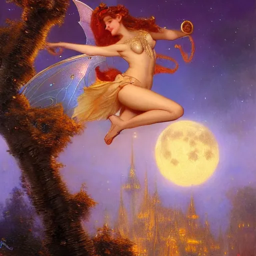 Image similar to attractive fairy magically floating high in the night, fantasy, full moon in background. highly detailed painting by gaston bussiere, craig mullins, j. c. leyendecker, sharp focus, 8 k