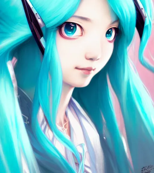 Image similar to portrait of disney hatsune miku!!, intricate, elegant, highly detailed, digital painting, artstation, concept art, smooth, sharp focus, illustration, art by artgerm and greg rutkowski and alphonse mucha and uang guangjian and gil elvgren and sachin teng and wlop, symmetry!!