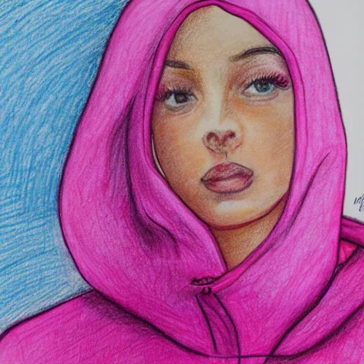 Prompt: drawing of woman in pink hoodie, studio photo, close up