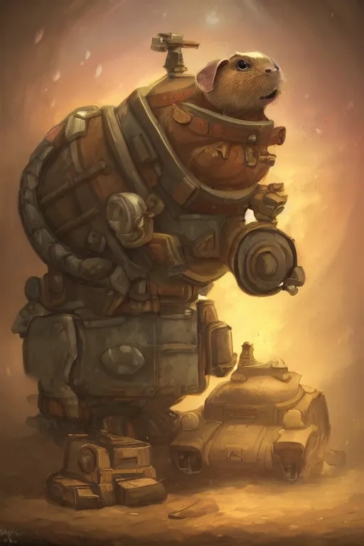 Image similar to cute little anthropomorphic Guinea Pig Tank driver standing next to its tank, tiny, small, short, Tank driver outfit, cute and adorable, pretty, beautiful, DnD character art portrait, matte fantasy painting, DeviantArt Artstation, by Jason Felix by Steve Argyle by Tyler Jacobson by Peter Mohrbacher, cinematic lighting