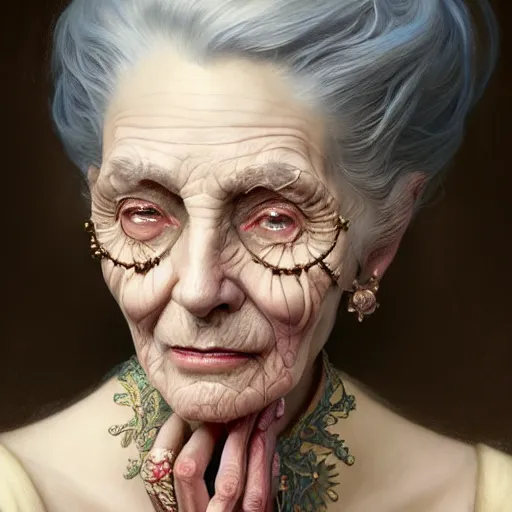 Image similar to portrait painting of an extremely fancy elderly woman with a devious expression, gaslamp fantasy, victorian, ultra realistic, concept art, intricate details, eerie, highly detailed, photorealistic, octane render, 8 k, unreal engine. art by artgerm and greg rutkowski and charlie bowater and magali villeneuve and alphonse mucha