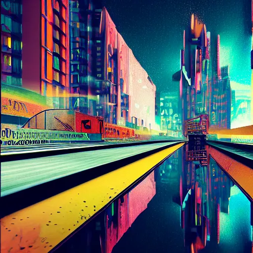 Prompt: retro-futuristic city realistic grafitti utopia photorealism rain reflection,8k