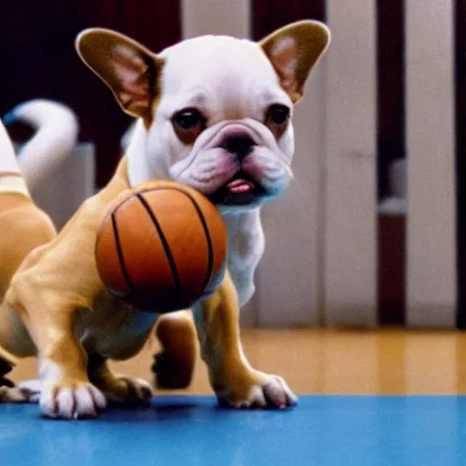 Image similar to a scene from airbud the movie, a white and brown french bulldog slam dunks a basketball