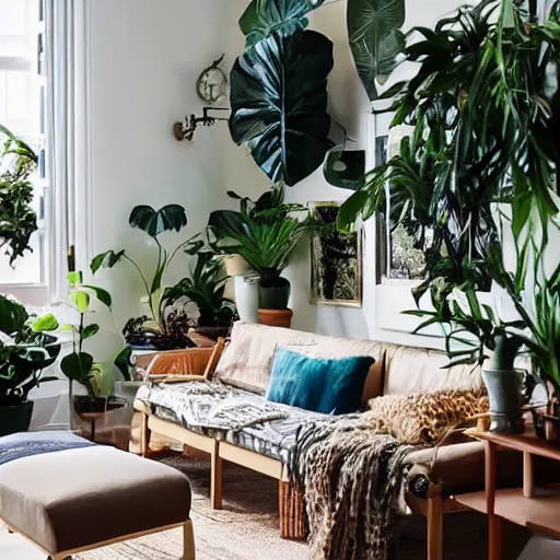 Image similar to An IKEA catalog photograph of a cozy, warm living room, bathed in golden light, with many tropical plants and eclectic furniture, a figure rests on an old couch, highly relaxed, sunday afternoon, living the good life, at peace, golden ratio